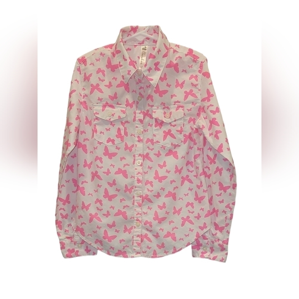 Neon Pink Butterfly Button-down Cotton Shirt